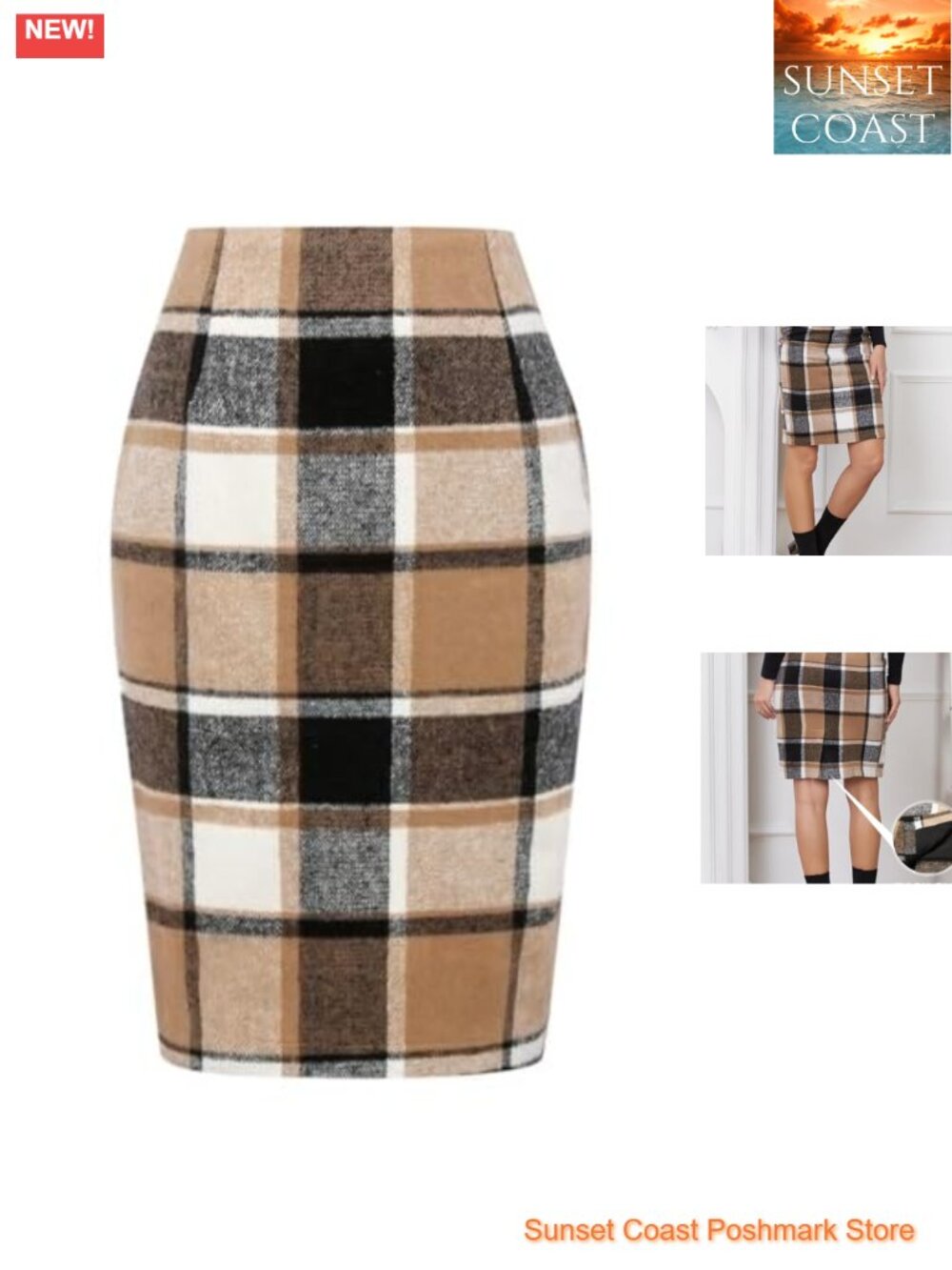 Wool Plaid Pencil Skirt Knee Length High Waist Back Slit Business Casual